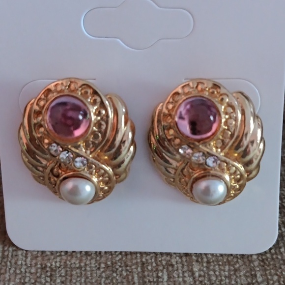 Gold Tone Faux Stone Pearl Post Earrings - Picture 7 of 7